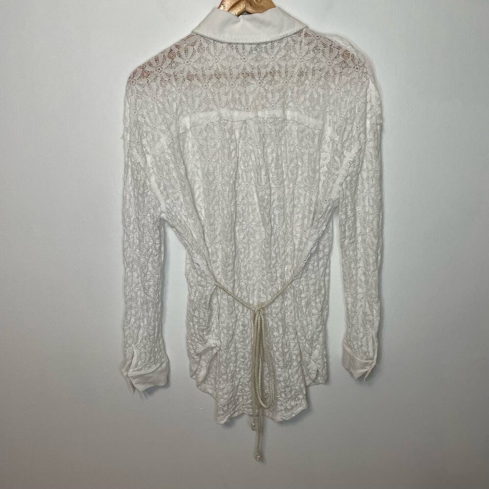 Free People White Tunic Top M Womens Button Front Collared Long Sleeve Lace Tie - Picture 6 of 10